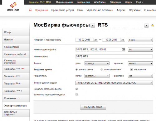 Настройки для экспорта котировок в TSLab с сайта FINAM